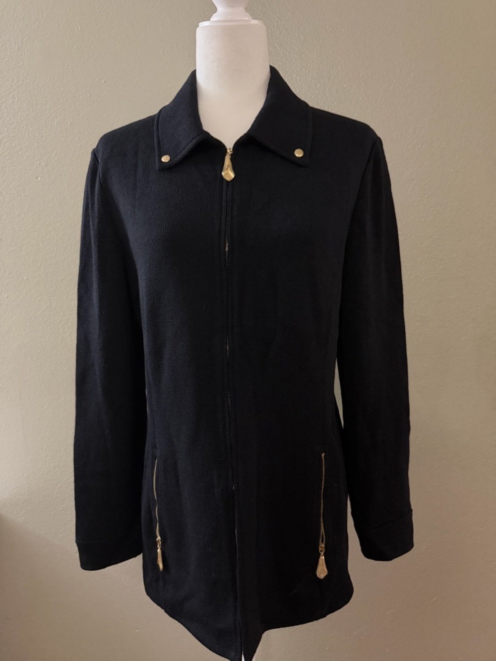 Vintage St. John Black Knit Long Zip-Up Jacket Blazer w/ Gold Accents Size 12
